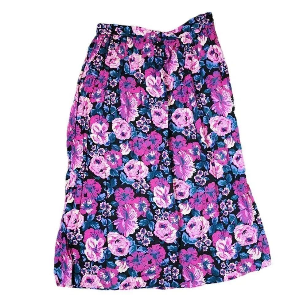 Vintage 80s Full Modest Skirt Womens Size M Purple Pink Floral Midi
